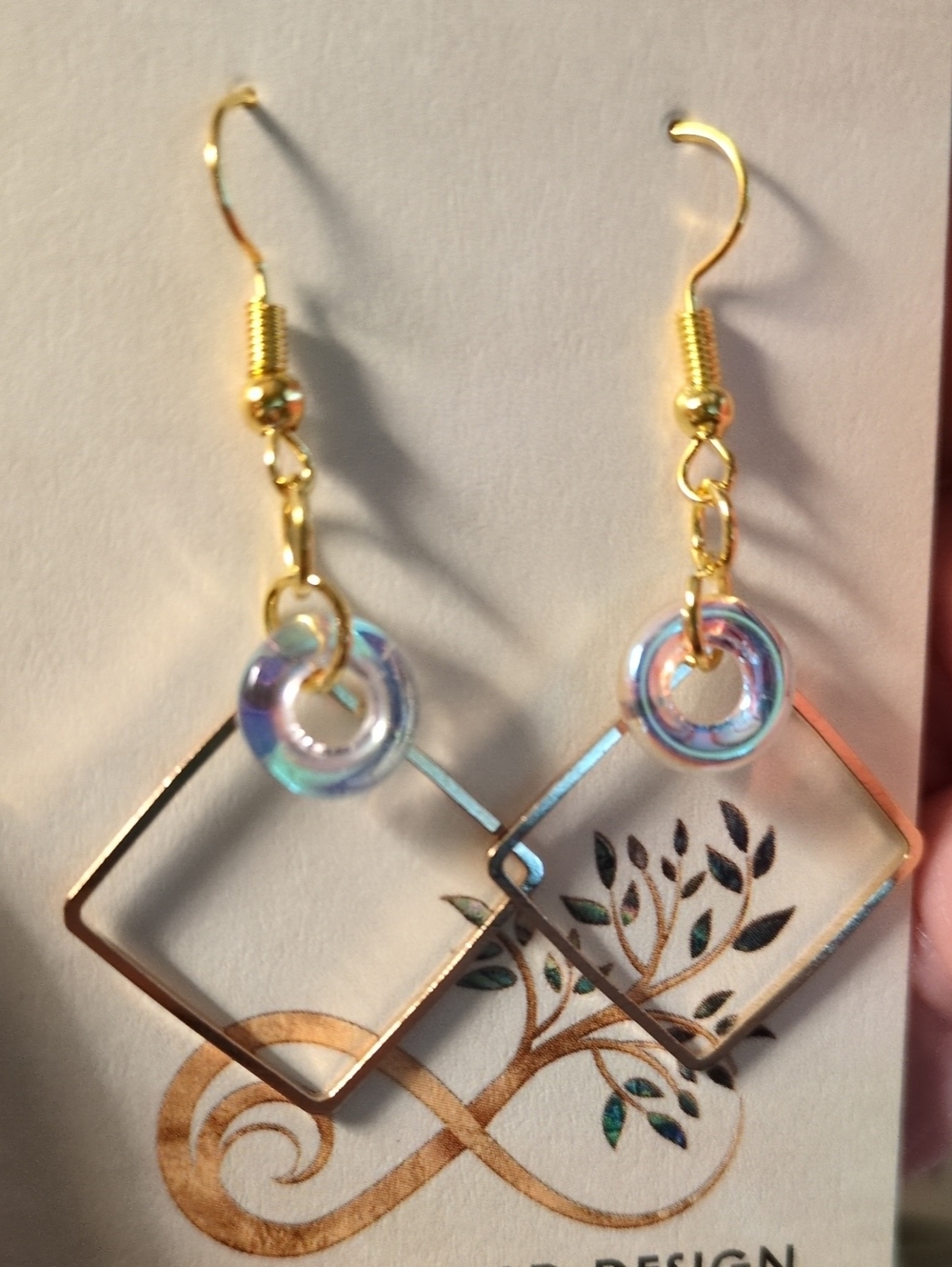 Gold-Tone Geometric Square Hoop Earrings with Iridescent Glass Rings
